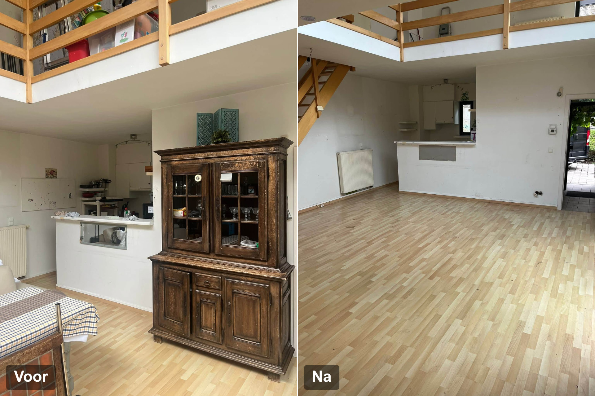 Voor en na: leefruimte met kast en keuken vol meubels en huisraad vóór de ontruiming in Brugge en dezelfde ruimte volledig leeg erna